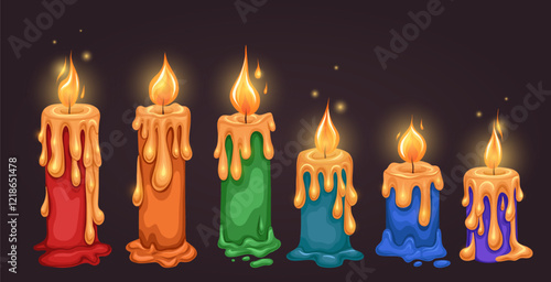 Vector set of rainbow burning candles on a dark background. Collection of colorful holiday candles