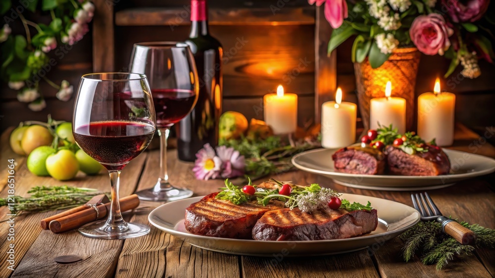 Cozy dinner setup with two plates of grilled steaks and a bottle of red wine on a wooden table surrounded by candles and flowers, restaurant style, candlelight Cozy dinner setup with two plates of grilled steaks and a bottle of red wine on a wooden table surrounded by candles and flowers, restaurant style, candlelight