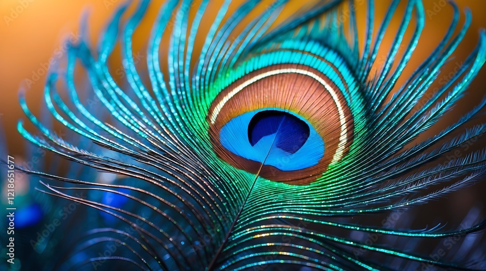 Obraz premium A Close-Up of a Vivid Peacock Feather, Displaying its Intricate Details and Iridescent Colors. A Masterpiece of Nature's Artistic Design.