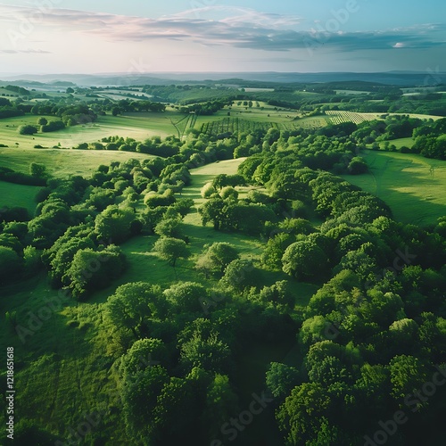 Aerial view of farmland/rice field in Thailand , Aerial View of Lush Green Landscape in the Early Morning Light Over Rural Countryside, Beautiful Bilogora in sunset near village Maglenca 


 photo