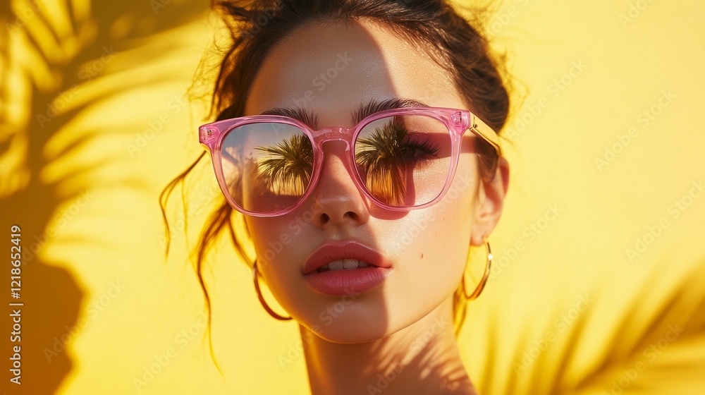 Beautiful young woman wearing trendy pink sunglasses with UV protection, palm tree reflection visible in lenses, standing in front of bright yellow background with UVA and UVB references