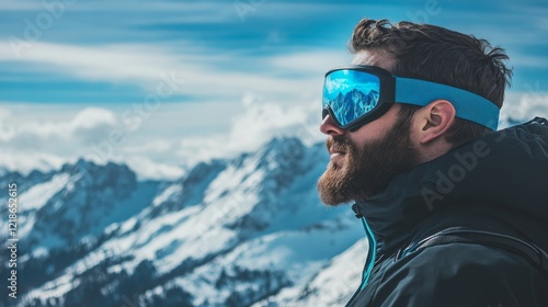 A burly, bearded man in black and blue outerwear gazes intently over a panoramic vista of majestic, snow-covered peaks, his reflective blue goggles shielding his eyes as he prepares for a thrilling photo