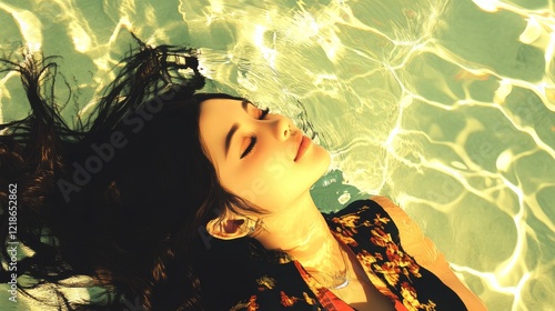 A captivating, cinematic shot of a woman languidly reclining in a pool, her face turned skyward as she basks in the golden glow of the sun, her long, dark hair cascading around her. photo