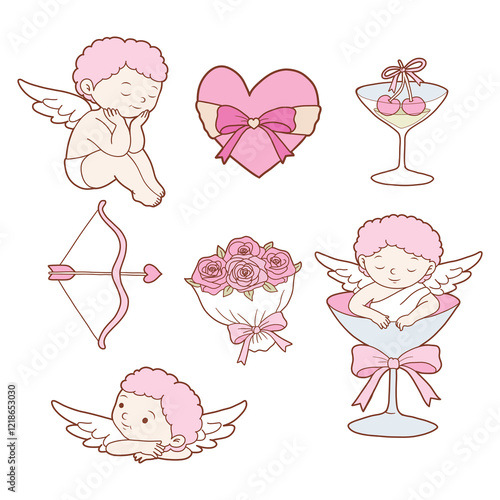 Coquette Valentine s day set decorated with vintage cupid and coquette doodle valentine elements. Hand drawn line art vector illustrations