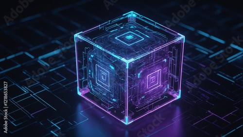 An isometric 3D digital data cube in a glowing wireframe style, with light blue and purple hues on a dark futuristic background