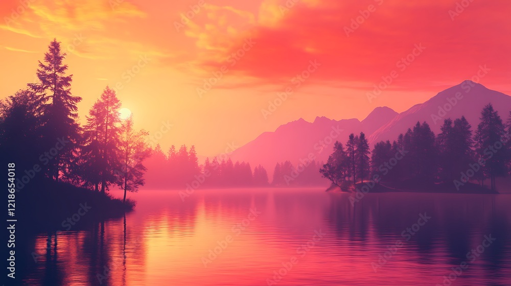 A serene sunset over a calm lake, surrounded by trees and mountains, creating a tranquil atmosphere. A serene sunset over a calm lake, surrounded by trees and mountains, creating a tranquil atmosphere.