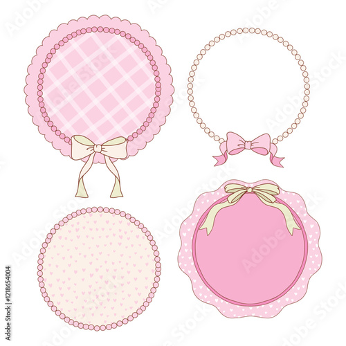 Hand drawn whimsical circle frames collection in coquette style  graphic set light pink pastel color style vector