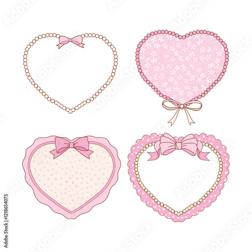 Valentine s day frames collection with hand drawn whimsical heart frames in coquette style  graphic set light pink pastel color style vector
