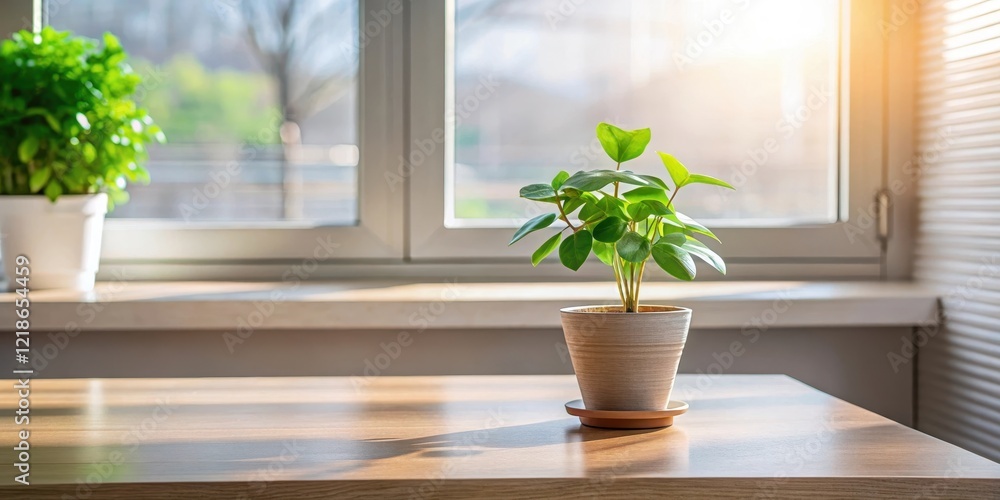 A small potted plant with a single stem and a few green leaves at the end of a corner table, near a window A small potted plant with a single stem and a few green leaves at the end of a corner table, near a window
