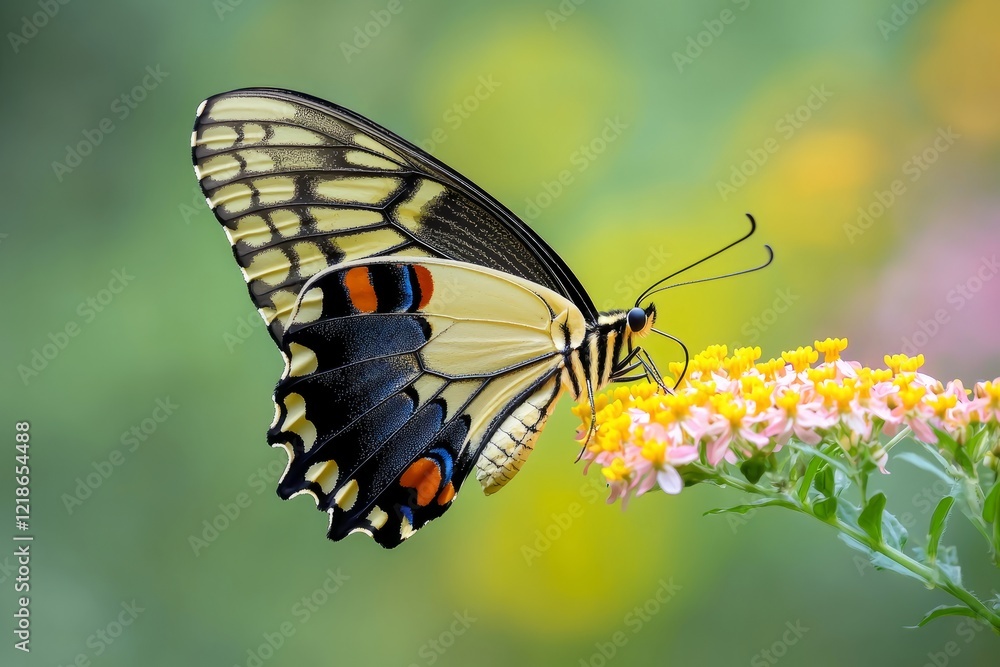 Obraz premium Butterfly resting on vibrant flower blossoms in a sunlit garden setting