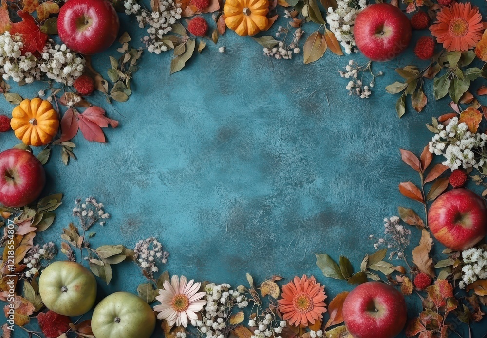 custom made wallpaper toronto digitalVibrant Autumn Arrangement with Red Apples, Green Apples, Small Pumpkins, and Colorful Flowers on a Textured Turquoise Background