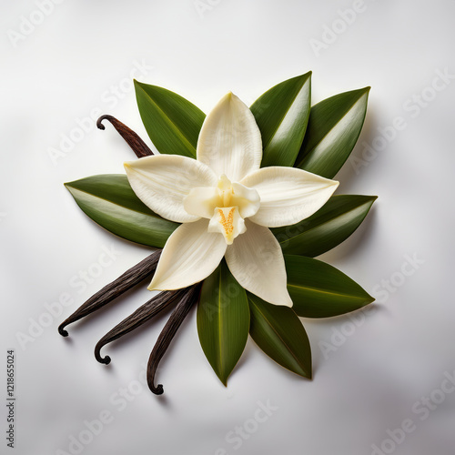 vanilla flower with pods and leaves