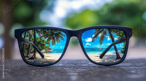 black-framed eyeglasses with polarized lenses revealing a picturesque tropical beach scene, offering UV protection and enhanced visual clarity