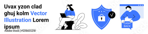 Woman with laptop, shield with lock, person with cashback card. Ideal for online security, e-commerce, fintech, cashback rewards, digital transactions, cybersecurity tips, and secure payment methods
