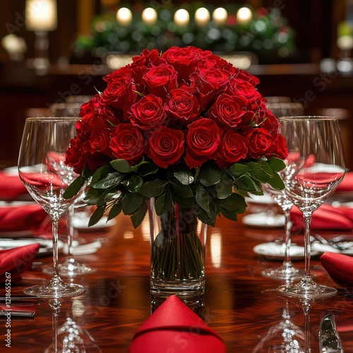 Romantic red roses centerpiece, elegant dinner setting, luxury hotel, background blurred photo