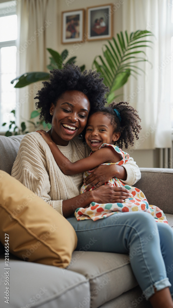 Joyful African American Mother and Daughter Embracing on Stylish Sofa in Cozy Living Room, Ideal for Family Ads and Parenting Blogs Joyful African American Mother and Daughter Embracing on Stylish Sofa in Cozy Living Room, Ideal for Family Ads and Parenting Blogs
