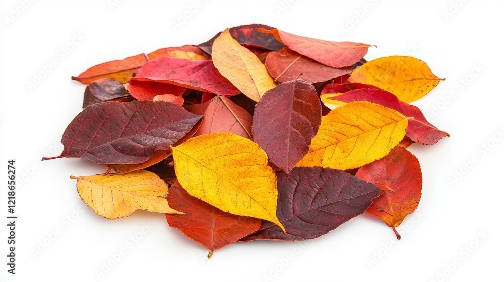 Fototapeta premium Colorful Scattered Leaves on White Background in Vibrant Autumn Display