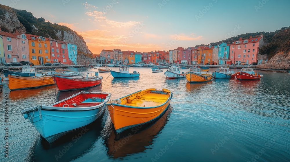 Obraz premium Vibrant Sunset over Colorful Harbor Boats