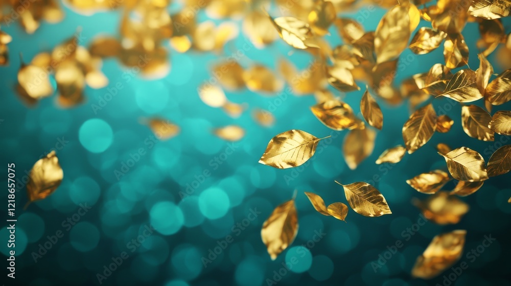 Obraz premium Delicate Golden Leaves Spiraling Against a Vibrant Blue Background