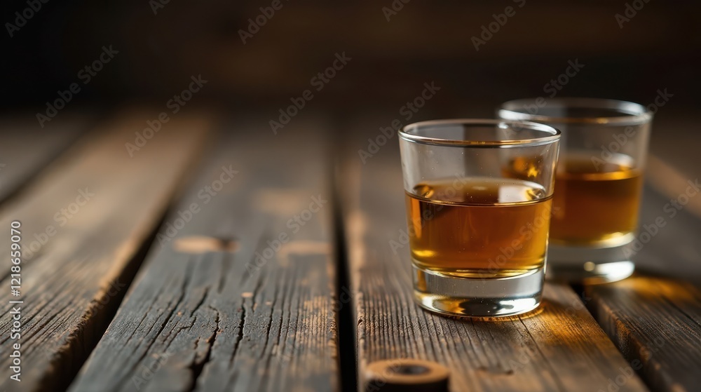 Two small glasses of amber liquid rest on a rustic wooden surface. The rich color of the drink contrasts beautifully with the dark wood grain. Two small glasses of amber liquid rest on a rustic wooden surface. The rich color of the drink contrasts beautifully with the dark wood grain.