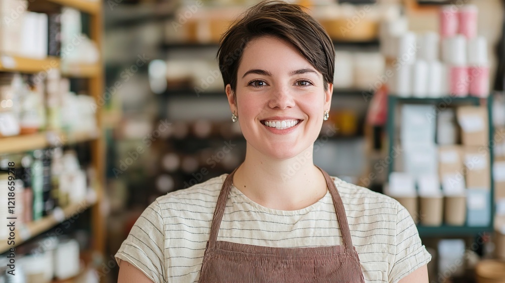 Community-focused business owner engaging customers in a cozy shop urban environment portrait positive energy Community-focused business owner engaging customers in a cozy shop urban environment portrait positive energy