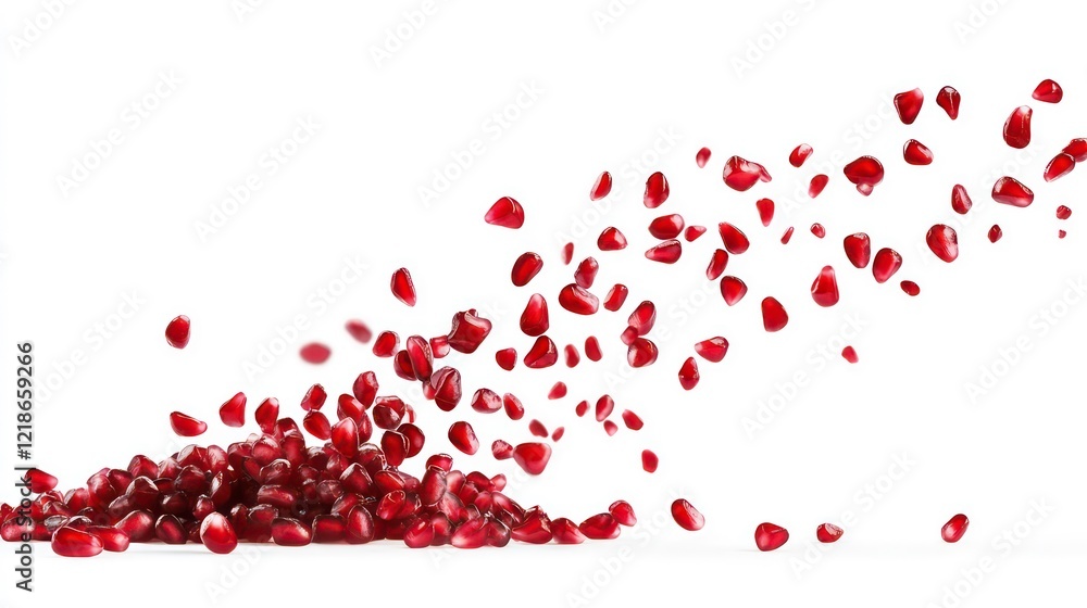 Falling pomegranate seeds isolated on white background, clipping path, full depth of field Falling pomegranate seeds isolated on white background, clipping path, full depth of field