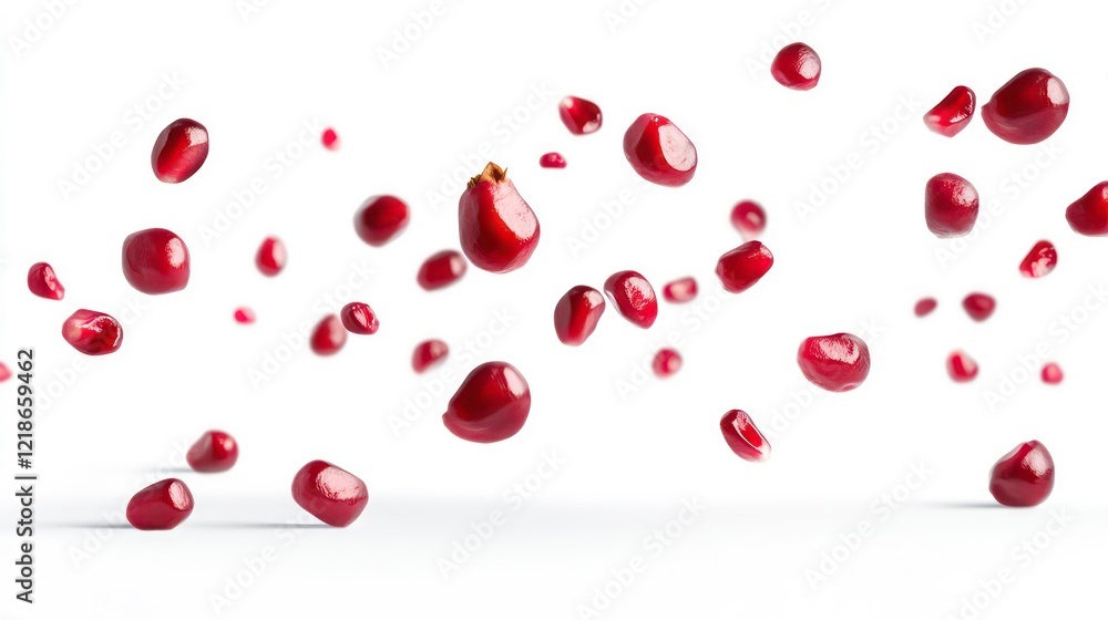 Falling pomegranate seeds isolated on white background, clipping path, full depth of field Falling pomegranate seeds isolated on white background, clipping path, full depth of field