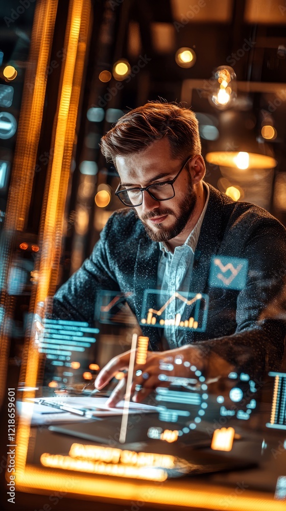 Business professional analyzing data in a modern office environment during evening hours Business professional analyzing data in a modern office environment during evening hours