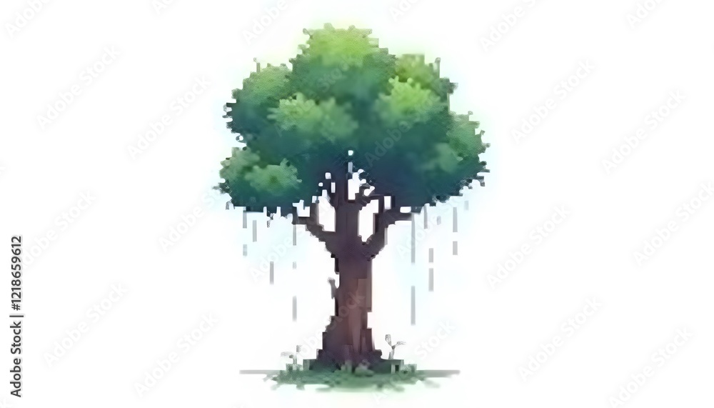 Obraz premium Pixel art style illustration of a tree with rain on white background illustration