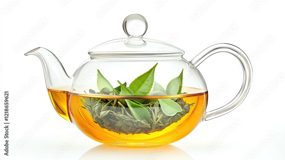 Elegant glass teapot with fresh tea leaves. Elegant glass teapot with fresh tea leaves.