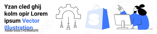 A person working at a computer pointing at a screen, a shopping bag with a logo, and gears. Ideal for e-commerce, technology, online shopping, digital marketing, and innovation. Landing page