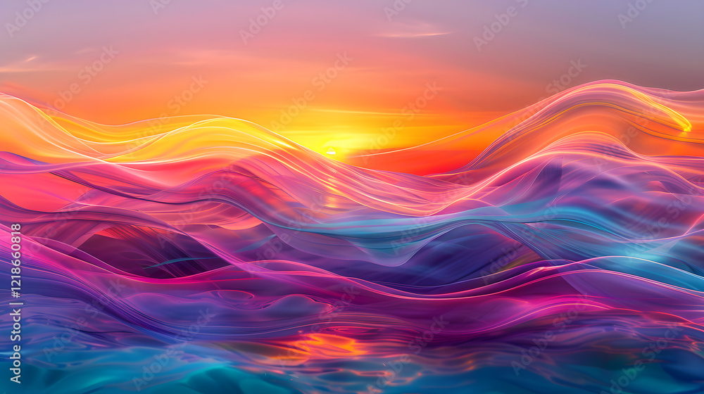 Obraz premium Abstract sunset waves, vibrant colors blending seamlessly, generative ai