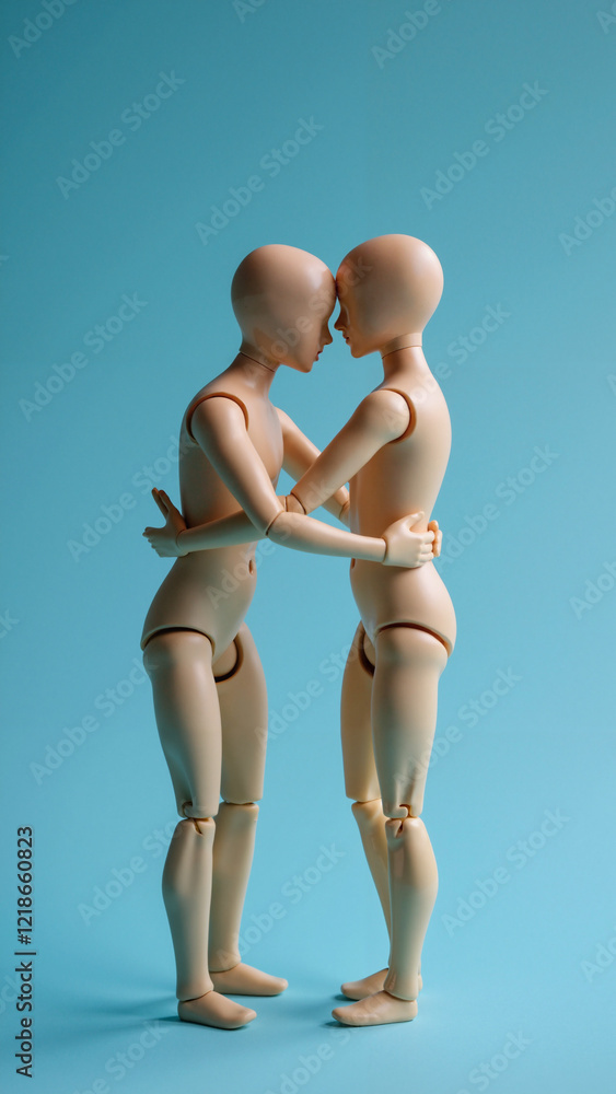 Artfully arranged naked doll bodies on a vibrant blue background, ideal for children's toy ads, educational materials, or artistic projects on love and intimacy. Artfully arranged naked doll bodies on a vibrant blue background, ideal for children's toy ads, educational materials, or artistic projects on love and intimacy.