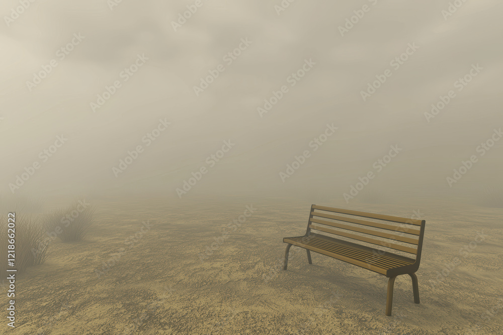 lone bench sits in foggy park, surrounded by dust and haze, evoking sense of solitude and tranquility lone bench sits in foggy park, surrounded by dust and haze, evoking sense of solitude and tranquility