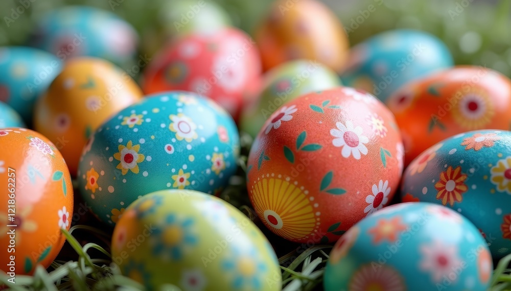 Colorful Easter eggs with intricate patterns on soft background, spring celebration Colorful Easter eggs with intricate patterns on soft background, spring celebration