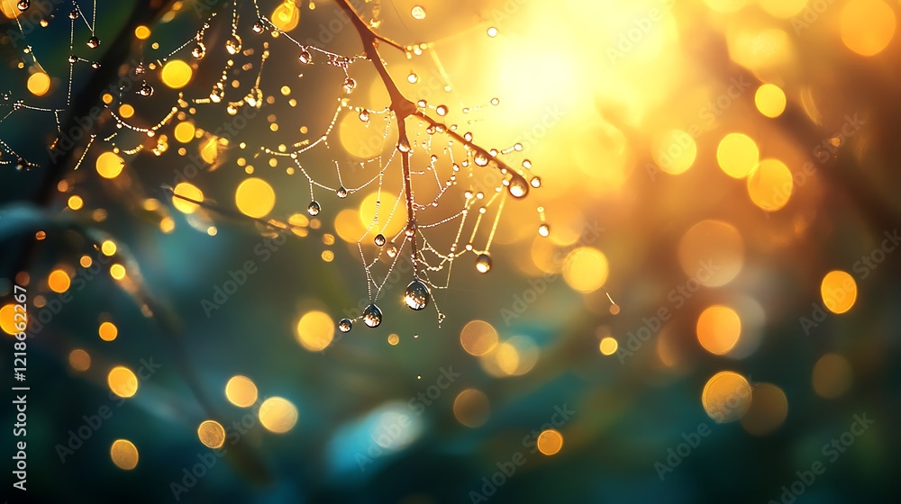 A close-up of a spider web adorned with dew drops, illuminated by warm sunlight. A close-up of a spider web adorned with dew drops, illuminated by warm sunlight.