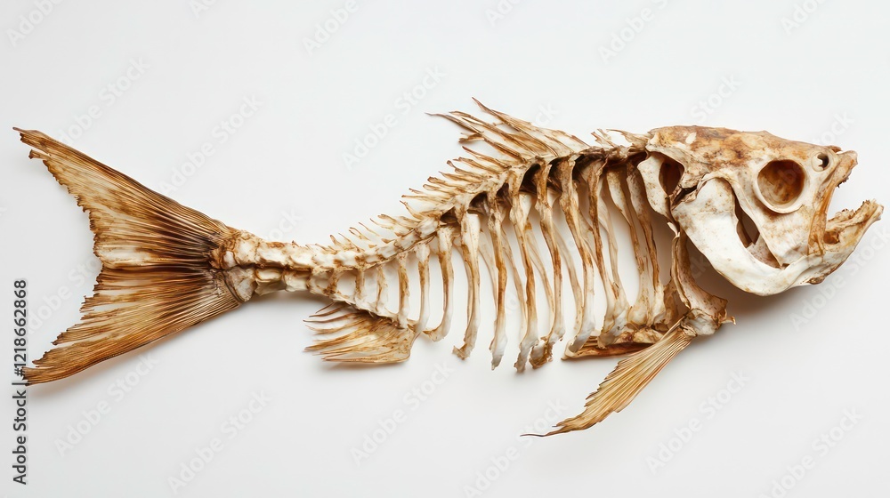 Fish skeleton with head and tail intact, showcasing the remains of a meal, on a white background.