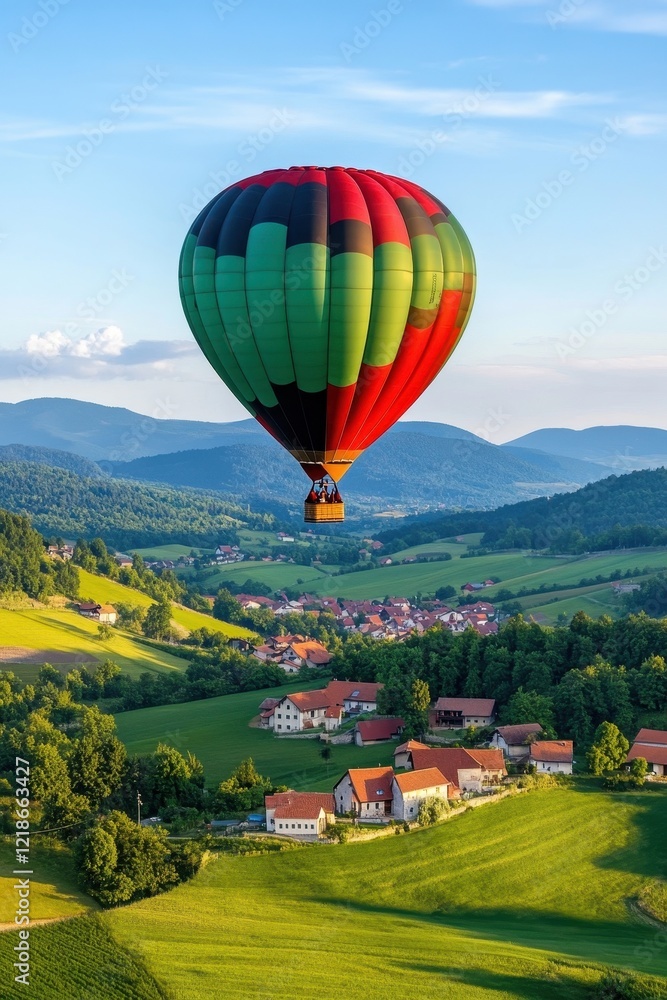 Naklejka premium Colorful hot air balloon soaring over a picturesque landscape at sunrise, capturing the spirit of adventure and freedom.