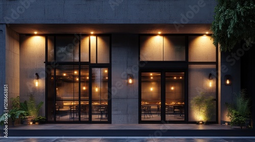 Wallpaper Mural Exterior of a modern restaurant with warm lighting at dusk, showcasing its design and ambiance Torontodigital.ca