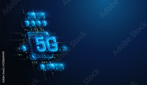 Abstract illustration of low poly 5G wireless mobile network cpu chip. Blue geometric background depicting 5th generation communication hardware technology concept by wireframe mesh