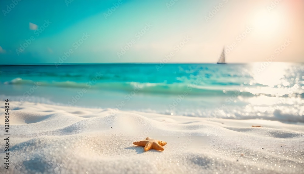 Tranquil Beach Scene with Starfish and Sailboat on a Sunny Day in Paradise Tranquil Beach Scene with Starfish and Sailboat on a Sunny Day in Paradise