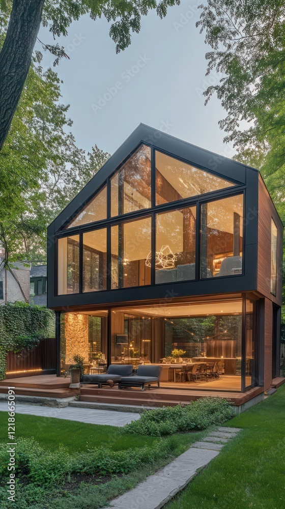 Modern two-story house with large glass windows surrounded by greenery at dusk