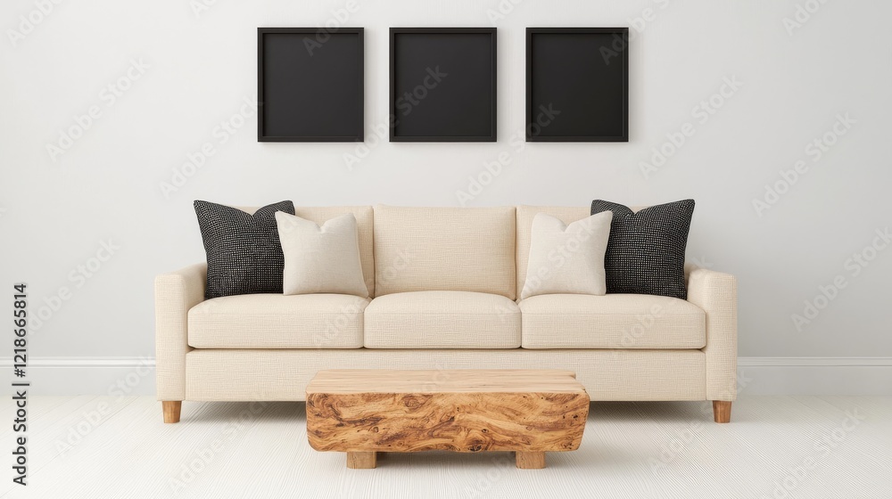 Minimalist Living Room Composition Beige Sofa, Wooden Coffee Table, Black Frames, 3D Render, Interior Design Interior Design, Minimalist Decor Minimalist Living Room Composition Beige Sofa, Wooden Coffee Table, Black Frames, 3D Render, Interior Design Interior Design, Minimalist Decor