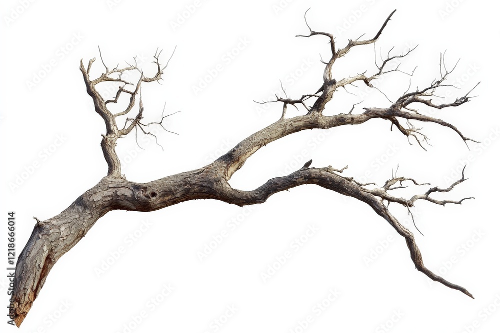 Dry, twisted branch with intricate patterns and a natural rustic appearance found in a sunlit forest setting Dry, twisted branch with intricate patterns and a natural rustic appearance found in a sunlit forest setting