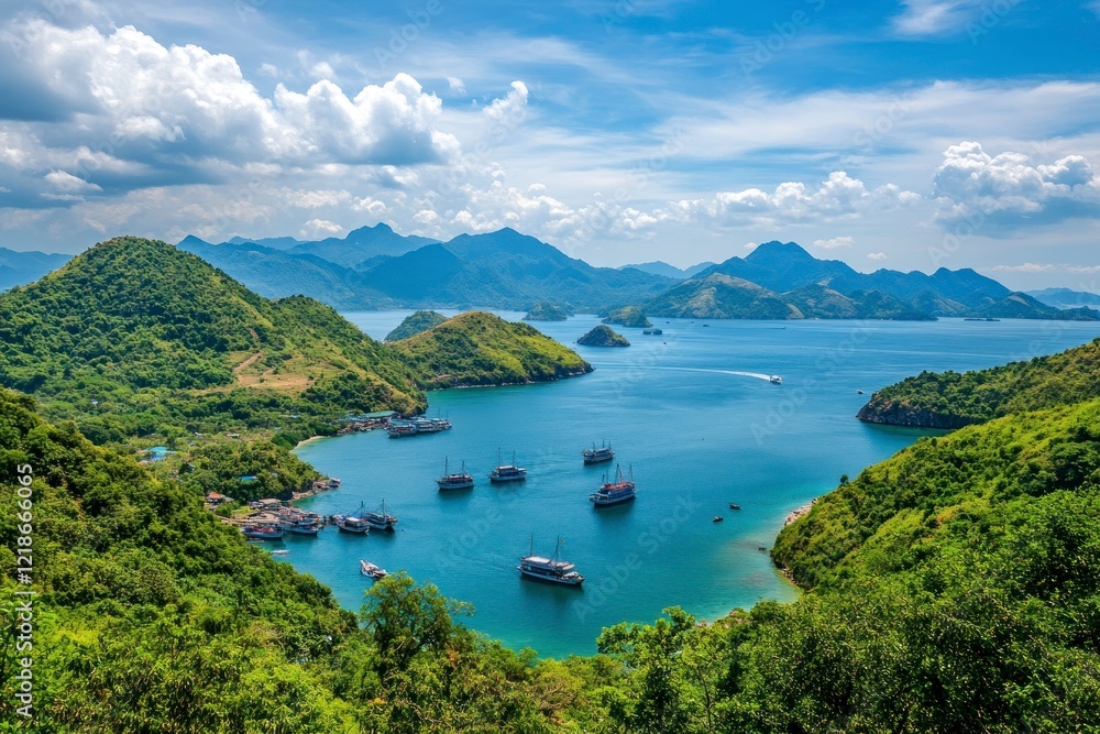 Obraz premium Scenic Bay with Boats and Lush Green Mountains