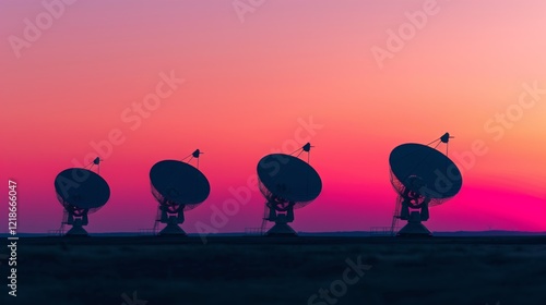 A line of large radio telescopes silhouetted against a vibrant sunset sky, capturing the essence of technology and cosmic exploration. Ideal for themes of science, space, and communication.