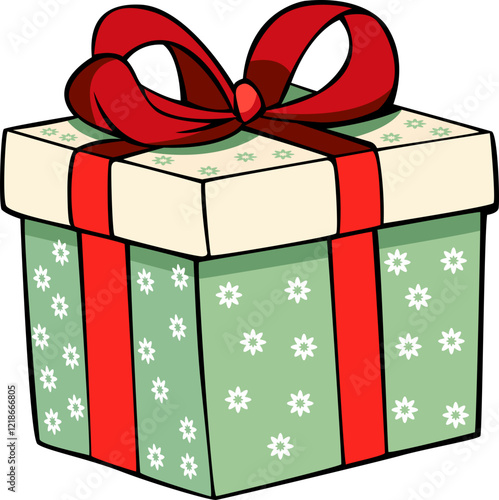 green colour gift Christmas box with golden and red ribbon hand drawn vector image with transparent background 