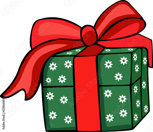 green colour gift Christmas box with golden and red ribbon hand drawn vector image with transparent background 