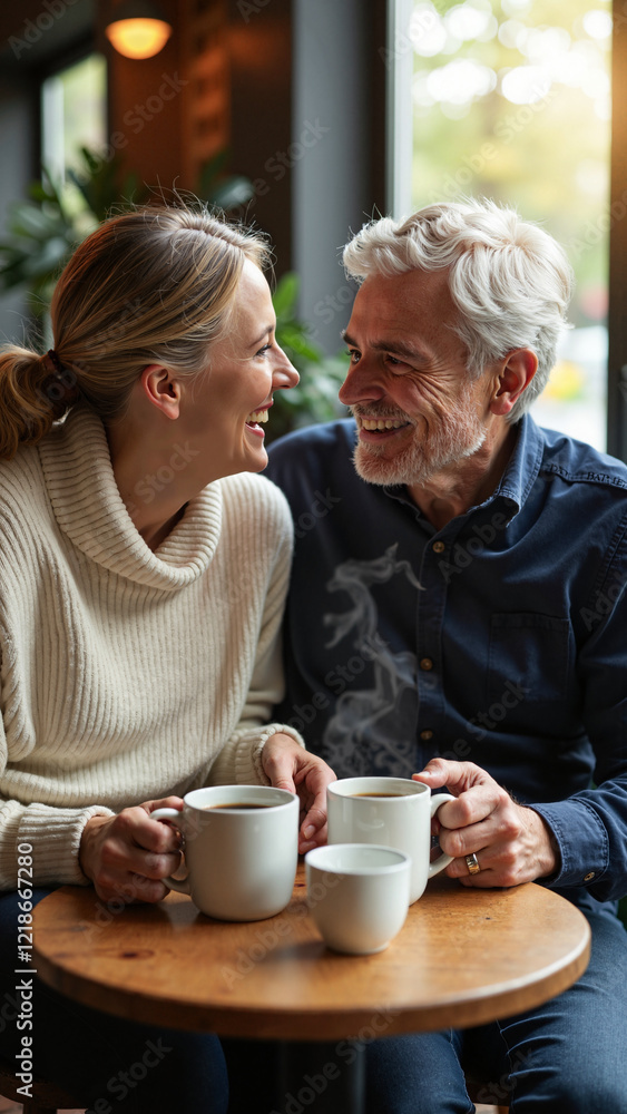 Mature Couple Sharing a Romantic Moment in a Cozy Café, Perfect for Dating Apps, Wedding Services, and Relationship Content Mature Couple Sharing a Romantic Moment in a Cozy Café, Perfect for Dating Apps, Wedding Services, and Relationship Content