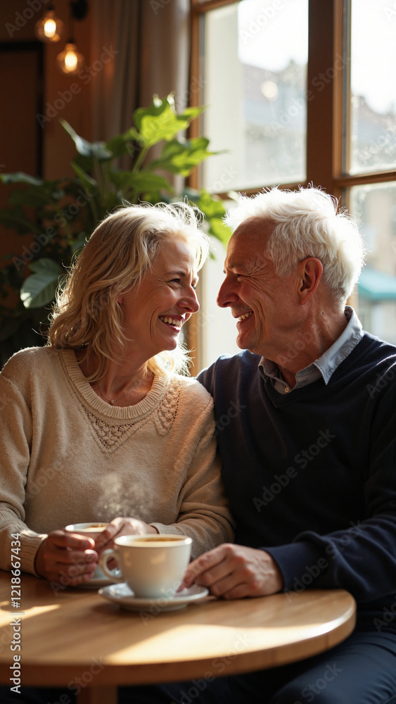 Mature Couple Sharing a Romantic Moment in a Cozy Café, Perfect for Dating Apps, Wedding Services, and Relationship Content Mature Couple Sharing a Romantic Moment in a Cozy Café, Perfect for Dating Apps, Wedding Services, and Relationship Content